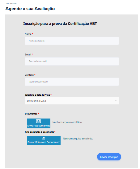 Print do formulário de inscrição da Certificação ABT